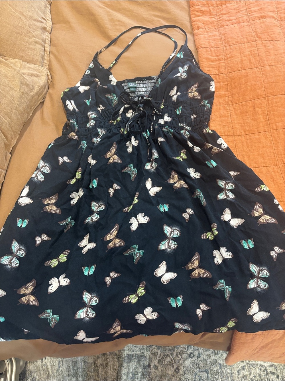 wild fable Black Butterfly Print Sundress with Teal and Cream Accents